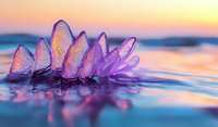 Delicate purple jellyfish floating in crystal clear water at sunset, with vibrant orange sky reflection creating dreamy macro photography composition.