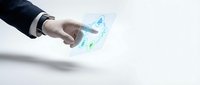 Businessman hand holding holographic digital technology interface with futuristic data visualization and connectivity icons for business innovation.