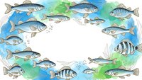 Marine fish frame with watercolor splashes creating oval border for seafood restaurant menu design and aquatic themed projects on white background.
