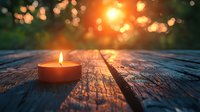 Glowing candle on rustic wooden deck with warm bokeh lights creating peaceful ambiance for meditation, relaxation and spa treatments in natural setting.