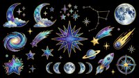 Celestial night sky elements collection featuring moons, stars, planets, comets, and cosmic symbols isolated on transparent background. Ready for t-shirt design, clipart, stickers, sublimation, print-on-demand products and digital crafts.
