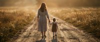 Mother and young child walking hand in hand down a sunlit rural path through golden fields at sunset, rear view, warm light.