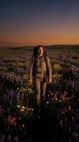 Young woman with long dark hair, Hispanic ethnicity, wearing tan hiking gear and backpack, standing in wildflower meadow at sunset with purple and yellow blooms. Adventure travel and outdoor exploration concept.