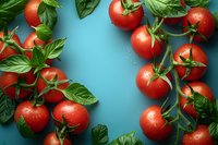 Fresh ripe red tomatoes with water drops and green basil leaves arranged on turquoise blue background, top view composition for food photography.