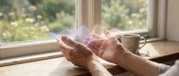 Elderly hands holding glowing energy light near a window, symbolizing healing, spirituality, and inner power in a calm home setting.