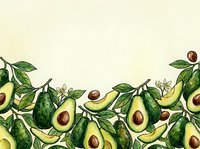 Sliced and whole avocados with green leaves and flowers arranged in decorative border pattern on cream background, suitable for food packaging and culinary designs.