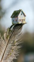 Miniature weathered house with moss-covered roof balanced on peacock feather creating surreal artistic composition for creative projects and fantasy concepts.