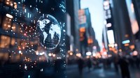 Digital globe hologram projection against blurred urban cityscape with skyscrapers and lights at dusk, representing global technology and connectivity.