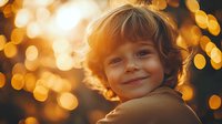 Young Caucasian boy with curly hair smiling warmly at sunset, golden bokeh lights creating magical atmosphere in background, childhood joy and innocence captured.