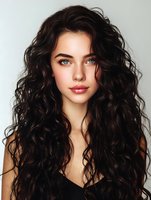 Young woman with long curly dark hair and blue eyes against neutral background, showcasing natural beauty and modern hairstyle for fashion or beauty advertising.