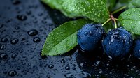 Fresh ripe blueberries with green leaves and water drops on dark background, macro shot with selective focus for food photography and design.