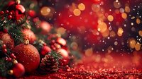Red Christmas ornaments and pine cones on glittering background with bokeh lights creating magical holiday atmosphere. Festive winter season decoration.