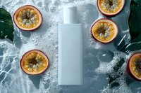 White cosmetic bottle mockup with passion fruit halves on wet surface with water drops and tropical leaves. Natural skincare concept.