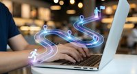 Professional businessman typing on laptop with glowing digital pathway and connection icons representing business automation and workflow optimization.