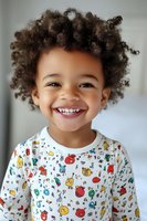 Young African American child with natural curly hair wearing colorful patterned pajamas smiles brightly at camera showing genuine joy and happiness.