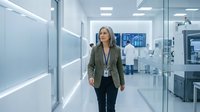 Middle-aged Caucasian woman in business casual attire walking through modern laboratory or medical facility corridor with advanced equipment and glass partitions visible in background.