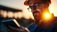 Young bearded Caucasian man in glasses and cap using digital tablet during golden sunset hour, warm sunlight creating atmospheric backlit effect.