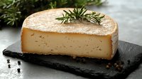 Fresh artisanal cheese wheel segment on black slate board garnished with rosemary sprig, close-up view showing creamy texture and natural rind.