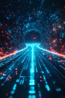 Futuristic digital tunnel with glowing blue light trails and red particles creating dynamic perspective. Abstract technology background for digital concepts.