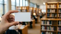Person holding blank white card in library with bookshelves and blurred background, suitable for business branding, marketing mockups, educational promotions, and corporate presentations.