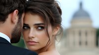 Young brunette woman with elegant makeup and updo hairstyle looking at man in black suit against blurred classical architecture background. Romantic wedding moment.