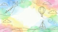 Watercolor rainbow background with hand drawn doodles of kite, hot air balloon, sailboat and clouds. Dreamy pastel frame for children designs and creative projects.