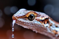 Macro shot of wet snake head with water drops, showing detailed scales, sharp fangs, and piercing eye against dark background. Reptile in striking position.