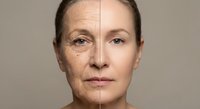 Middle-aged Caucasian woman face showing aging process with wrinkles and smooth skin comparison for skincare and anti-aging treatment concepts.