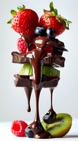 Fresh berries, kiwi slices and dark chocolate pieces stacked with flowing melted chocolate dripping dramatically against light background. Food photography for dessert menu.