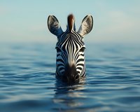 Zebra head emerging from blue water surface with distinctive black and white stripes pattern, close-up portrait against blurred aquatic background in natural lighting.