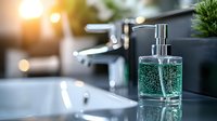 Transparent glass soap dispenser with green liquid on modern bathroom counter, chrome faucet and soft bokeh lights creating spa-like atmosphere.