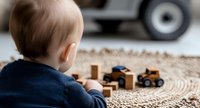 Toddler boy in navy sweater playing with wooden toy cars and blocks on beige carpet, view from behind. Soft focus childhood moment captures imaginative playtime.