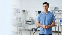 Confident male doctor in blue scrubs standing in modern hospital room with medical equipment and clean white interior for healthcare presentations.