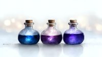 Magic potion bottles with colorful liquids and cork stoppers on white background for fantasy game design and mystical artwork projects.