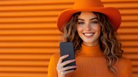 Young woman with wavy brown hair wearing orange turtleneck sweater and fedora hat holds smartphone while smiling against vibrant orange corrugated wall background.