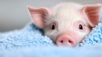 Adorable pink piglet with bright eyes peeking out from soft blue blanket, creating heartwarming moment. Close up portrait captures innocence and charm of young farm animal.