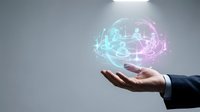 Businessman hand holding glowing digital brain with network connections, representing artificial intelligence, technology innovation, and smart business solutions for corporate applications.