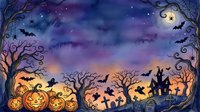 Halloween night watercolor scene with jack-o-lanterns, haunted house, bats, ghosts, and full moon. Spooky autumn background with copy space.