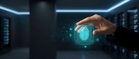 Finger touching digital fingerprint scan with glowing holographic interface in modern server room, representing biometric security and identity verification technology.