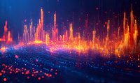 Glowing orange and blue digital cityscape with light particles rising against dark background creates futuristic technology visualization landscape.