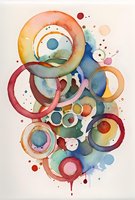 Abstract watercolor composition featuring vibrant overlapping circles and organic shapes in blue, orange, red, and yellow tones, perfect for modern interior design or creative projects.