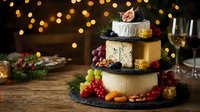 Gourmet cheese tower with grapes and berries on wooden board, festive bokeh lights background for holiday entertaining and wine pairing celebrations.