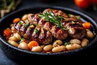 Grilled meat patties served with white beans, cherry tomatoes and fresh rosemary in cast iron pan. Close up view of homemade dinner with rustic presentation.