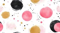 Watercolor pink, black and gold circles pattern with paint splatters on white background. Seamless repeat design for modern feminine stationery, fabric, and wallpaper.