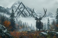 Majestic deer silhouette against snowy mountain landscape with geometric triangle overlay, orange autumn foliage and misty forest atmosphere in moody weather.