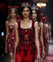Young Caucasian female model walks runway in luxurious red embellished evening gown with crystal crown, dramatic makeup and jewelry at fashion show catwalk.