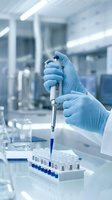 Laboratory technician in blue gloves using micropipette for precise liquid handling in modern research facility for scientific experiments and analysis.