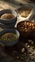 Assorted organic seeds and nuts in rustic wooden bowls on weathered table, natural ingredients for healthy cooking and baking.