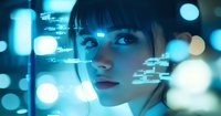Young Asian woman illuminated by blue technology interface lights with holographic data displays, representing artificial intelligence and future technology advancement.