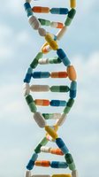DNA double helix structure made from colorful medicine capsules and pills representing genetic therapy, pharmaceutical research and personalized medicine.